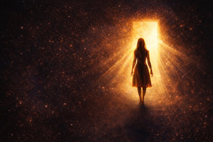 Soul stepping through a luminous doorway